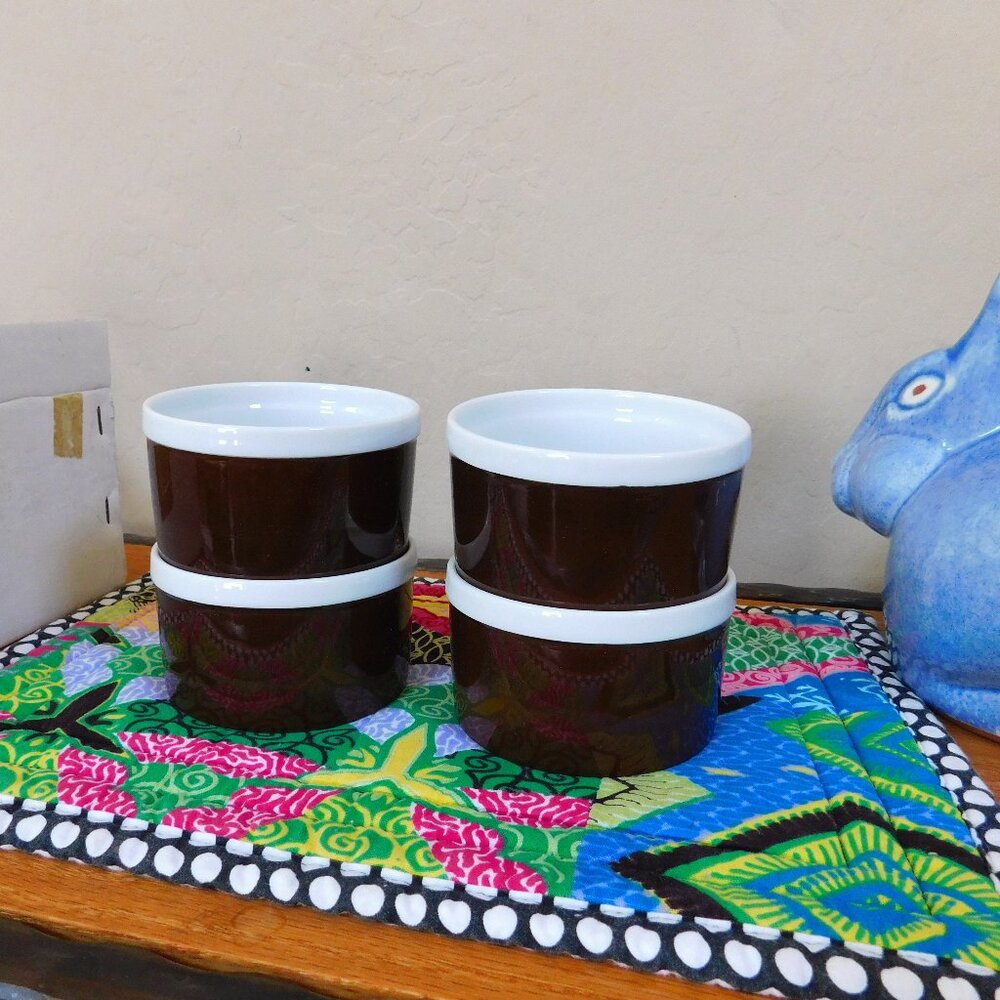 NIB Fitz & Floyd 4 La Ronde mod brown porcelain oven / table ramekin baking dish